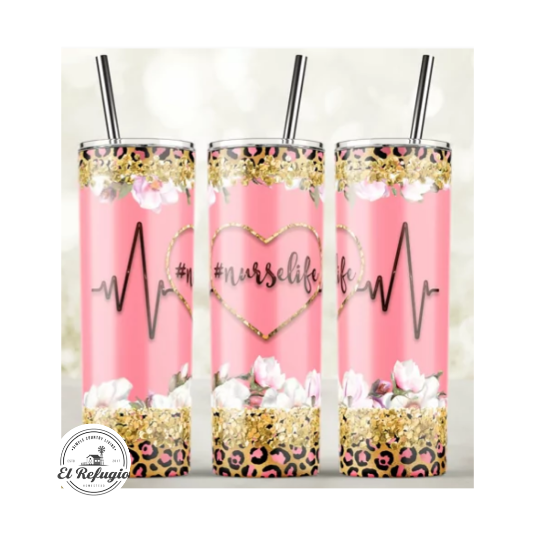 Nurse Life Pink, Cheetah, Gold Glitter Tumbler